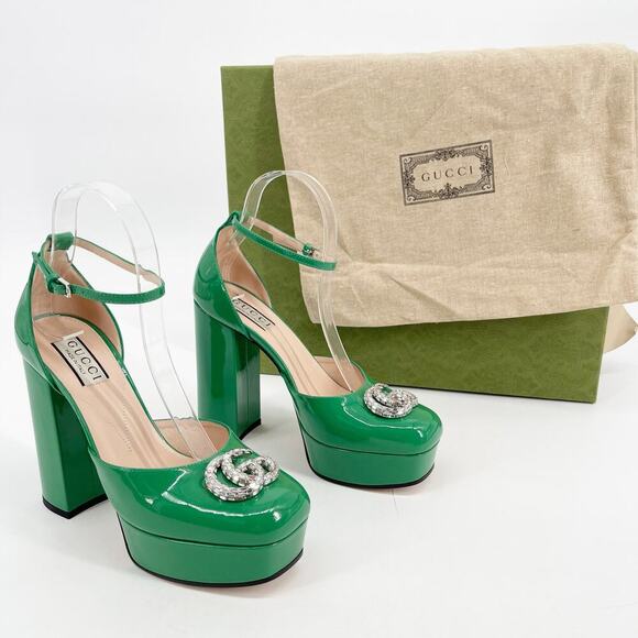 Gucci Shamrock Green Patent Leather Crystal GG Double G Platform Pump EU 37.5 - Picture 1 of 16
